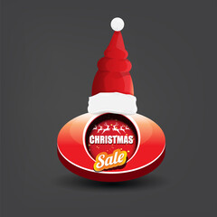 Wall Mural - vector Christmas sales paper banner or tag label with red santa hat on grey christmas background. Red winter Christmas sale poster, banner, social media post design template and background