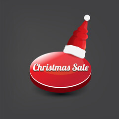 Wall Mural - vector Christmas sales paper banner or tag label with red santa hat on grey christmas background. Red winter Christmas sale poster, banner, social media post design template and background