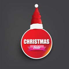 Wall Mural - vector Christmas sales paper banner or tag label with red santa hat on grey christmas background. Red winter Christmas sale poster, banner, social media post design template and background