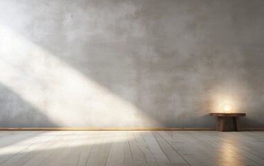 Wall Mural - Light gray concrete empty wall with light glare and shadows. Modern lamp on small wooden table. Minimalistic Interior background.