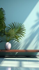 Wall Mural - Empty palm shadow blue color texture pattern cement wall background. Used for presentation business nature organic cosmetic products for sale shop online. Background with shadow. Generative AI