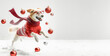 Funny dog in red sweater jumping with christmas balls on white background.