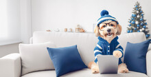 Cute Dog In Winter Hat And Scarf With Laptop On Sofa At Home.