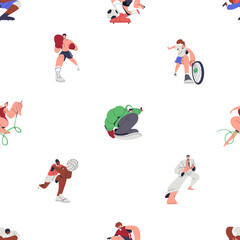 Fototapete - Athletes, seamless pattern. Active people doing different sports activities. Tennis, soccer, boxing, repeating print. Endless background design. Colored flat vector illustration for fabric, textile