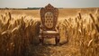 Photo golden royal chair isolated in the middle of a wheat