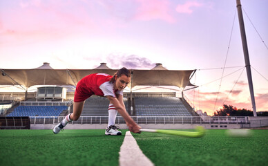 Canvas Print - Sports, hockey and woman in stadium training for game, match or competition. Fitness, healthcare and hockey player outdoors on grass field practicing, exercise or workout with ball and hockey stick.