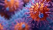 Influenza virus. 3D illustration showing surface glycoprotein spikes hemagglutinin purple and neuraminidase orange