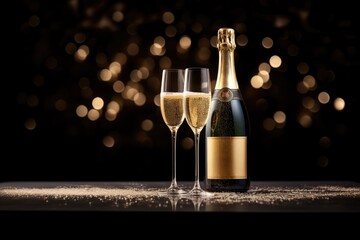 Wall Mural - Dark festive glass and bottle of champagne on bokeh background