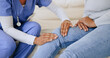 Nurse, hands and closeup for knee, joint pain or helping for care, recovery or clinic consultation. Doctor, physiotherapist and patient with injury in hospital assessment, check or exam for wellness