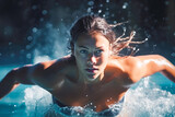Fototapeta  - Front view of a powerful elite athletic female swimmer competing in a match, looking focused, successful woman in water sport discipline