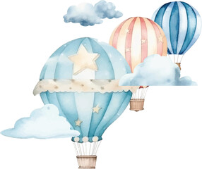 Watercolor hot air balloon  pattern with, clouds on a white background.