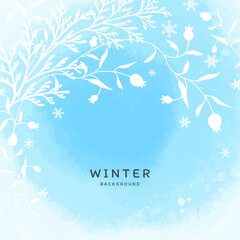 Wall Mural - Winter blue vector background with watercolor snow texture and floral elements. Hand drawn Christmas tree branches, berries and snowflakes. Illustration for poster, wallpaper, banner, greeting card