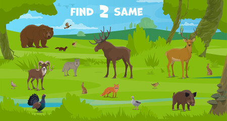 Sticker - Find two same forest hunting animals on kids game worksheet, vector puzzle quiz. Wild bear, wolf and elk with deer, fox, hare and boar on hunt puzzle quiz to find two same objects on riddle game