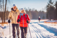 Older caucasian couple moving in sync while cross country skiing in winter idyllic, sport activity in winter, spending quality time together