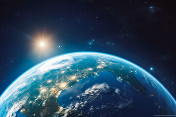 Wall Mural - beautiful shot of planet earth from space with starts surrounding it and sun circling around