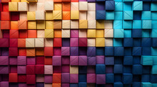 Colorful Background Of Wooden Blocks. A Spectrum Of Multi Colored Wooden Blocks Aligned. Background Or Cover For Something Creative Or Diverse. Colorful Wooden Blocks Aligned. 3d Render