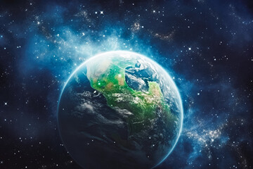 Wall Mural - beautiful shot of planet earth from space with starts surrounding it and sun circling around