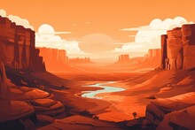 Canyon National Park Landscape Flat Illustration In Orange Colors. Travel In USA Poster. 