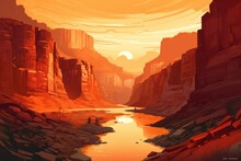 Canyon National Park Landscape Flat Illustration In Orange Colors. Travel In USA Poster. 