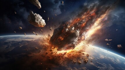 asteroid hitting earth disaster space illustration horizontal banner