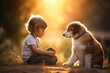 little boy or child playing with their dog at sunset in nature or garden