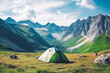 Tourist camping tent surrounded by stunning nature of mountains in the background, nature lover, adventure camping, foreground