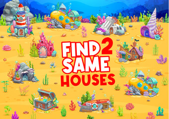 Wall Mural - Find two same underwater house buildings on sea fairytale landscape, vector quiz game for kids. Ocean cartoon dwellings in sunken bathyscaphe, seashell and boat in undersea find and match puzzle game