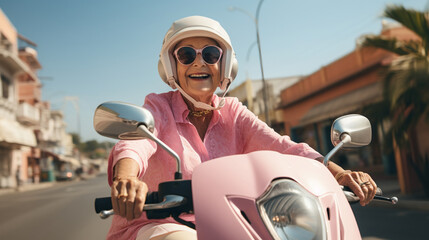 Happy old white woman on her 60 in the colourful clothes and pink sunglasses driving yellow scooter on the street, retired granny enjoying summer vacation, trendy bike road trip, Women day, Mother day