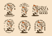 A Slice Of Pizza For Better Mood. Mascot Character Illustration Of Walking Pizza, Holding A Flag
