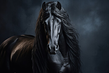 Wall Mural - Portrait of a black beautiful stallion on a dark background.black horse close-up with space for text