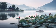 A Calm Lake In China With Lotus Flowers And Willow