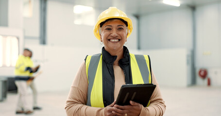 Poster - Engineering, woman and tablet at warehouse or construction site for happy inspection or project management. Portrait of industrial and senior manager on digital technology and architecture planning