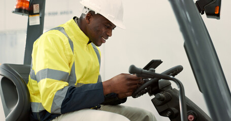 Poster - Construction site, tablet and black man in forklift machine for maintenance, planning and renovation. Engineering, architecture and contractor on digital tech for online design, building and report