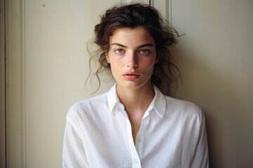 Authentic photograph of a young woman wearing a white dress shirt