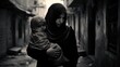Mother and child on the street of a destroyed city. Refugees. World peace concept, ending war