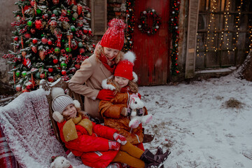 Family on red outfit on christmas new year's eve