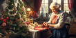 old woman embroidering at Christmas time