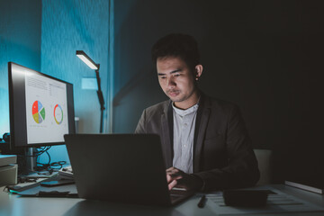 Sit and work in a private office, Entrepreneur preparing data on computer, Working plans to start a startup business are in progress, Sit and work in the company, startup idea.