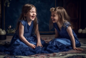 Two young girls smiling. Fashion party person female happy. Generate Ai