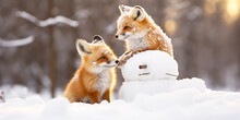 Little Fox Making A Snowman