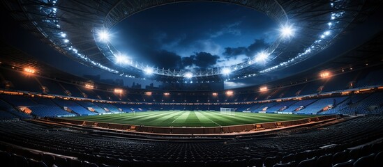 A soccer stadium at night. Football stadium at night with lights. Panoramic view of a football stadium at night with lights