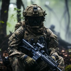 Wall Mural - An AI illustration of An AI illustration of a soldier sits with a rifle in the woods near a forest