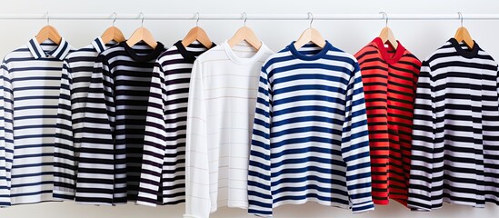 White and striped long sleeved polo shirts hanging in a row