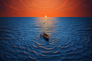 Poster - A tranquil view of a canoe gliding through calm water, with its movement creating a symmetrical pattern of circles. 