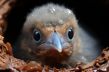 Leinwandbilder - A close-up of a baby bird's beak poking through a small hole in its egg. 