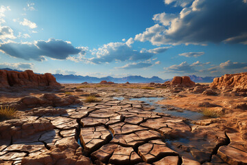 Aufkleber - A photograph of a rocky desert landscape, with cracks in the earth's surface adding depth and texture. 