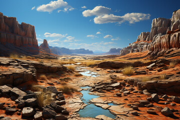 Aufkleber - A photograph of a rocky desert landscape, with cracks in the earth's surface adding depth and texture. 