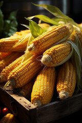 Leinwandbilder - A display of freshly harvested corn cobs at a bustling farmer's market, exuding the essence of local produce.  