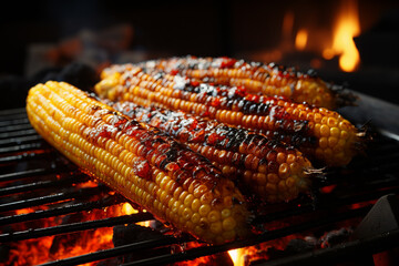 Aufkleber - A close-up shot of corn on the cob grilling over an open flame, capturing the sizzle and char marks.  