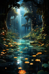 Poster - A serene pond reflecting a lush landscape, with circles of light playing on the water's surface.  